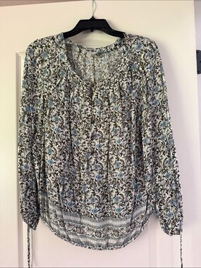 Lucky Brand Blue and Brown Floral Peasant Blouse